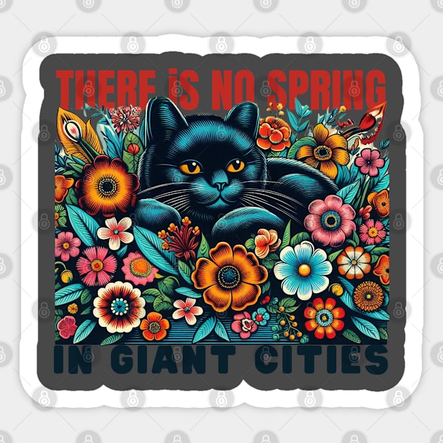 A black cat sitting in a basket  of bright flowers wondering about spring Sticker by TRACHLUIM